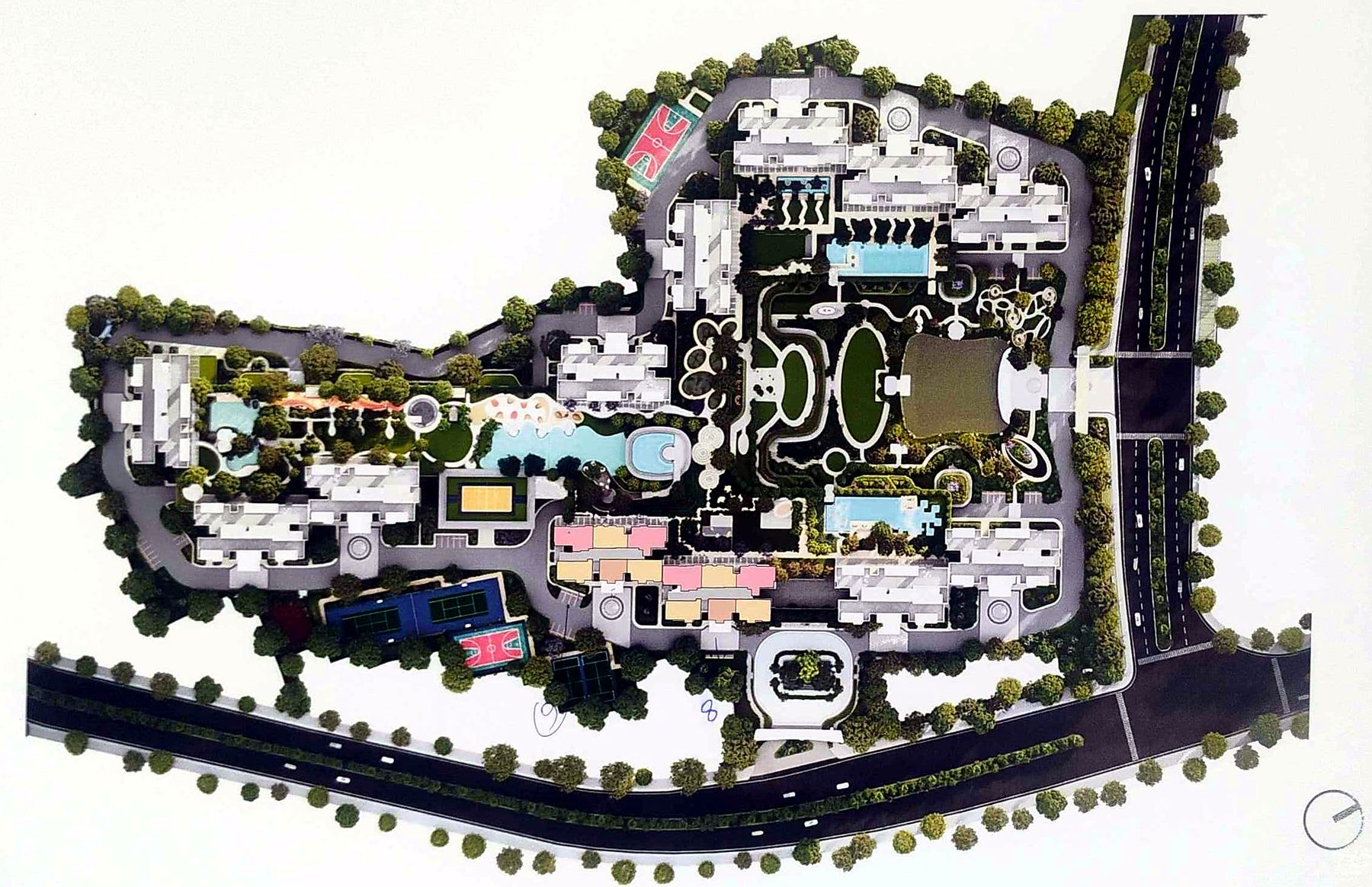 Master plan showing towers around central gardens, pools and sports courts