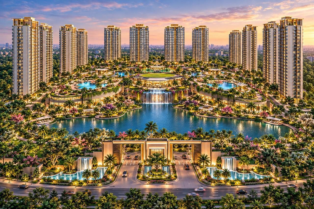 Township with towers around a central lake and lit entry gate at dusk